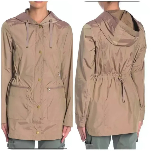 Cole HAAN Women's Packable Hooded Jacket Raincoat Champagne